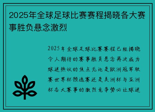 2025年全球足球比赛赛程揭晓各大赛事胜负悬念激烈