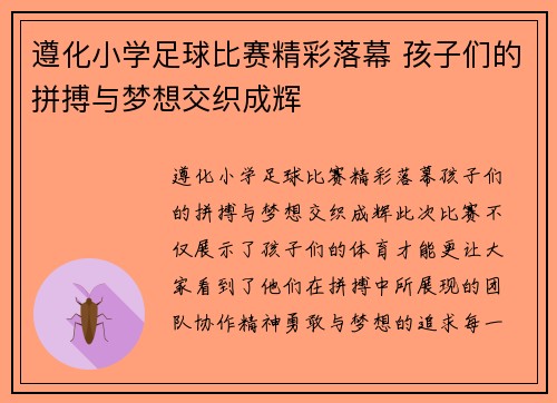 遵化小学足球比赛精彩落幕 孩子们的拼搏与梦想交织成辉