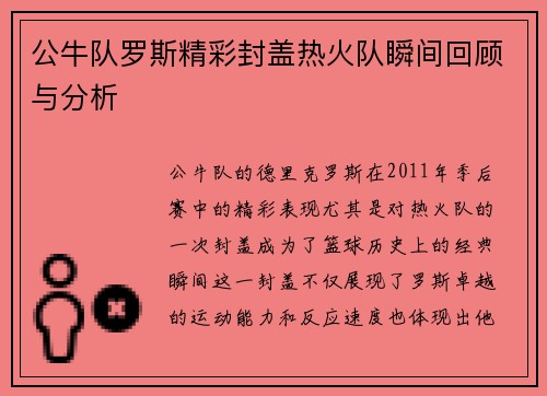 公牛队罗斯精彩封盖热火队瞬间回顾与分析