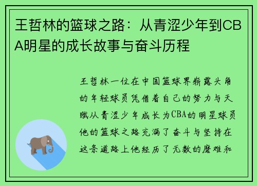 王哲林的篮球之路：从青涩少年到CBA明星的成长故事与奋斗历程