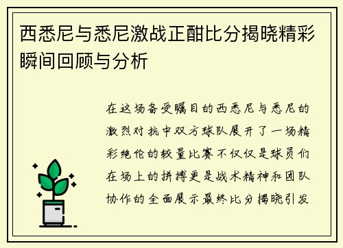 西悉尼与悉尼激战正酣比分揭晓精彩瞬间回顾与分析