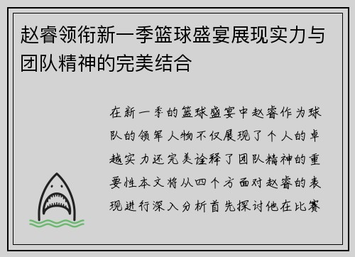 赵睿领衔新一季篮球盛宴展现实力与团队精神的完美结合