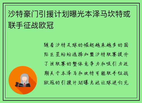 沙特豪门引援计划曝光本泽马坎特或联手征战欧冠