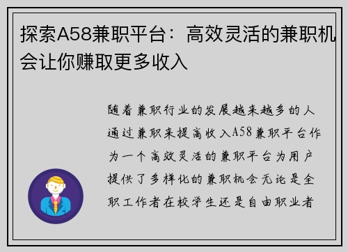 探索A58兼职平台：高效灵活的兼职机会让你赚取更多收入