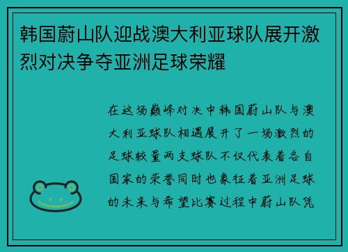 韩国蔚山队迎战澳大利亚球队展开激烈对决争夺亚洲足球荣耀
