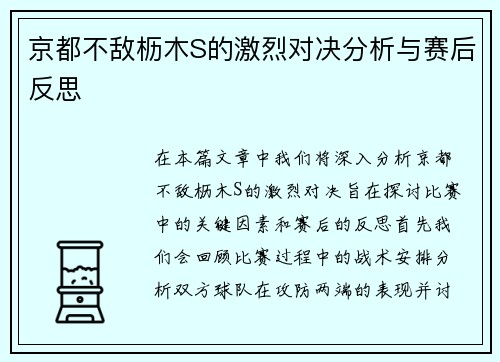 京都不敌枥木S的激烈对决分析与赛后反思