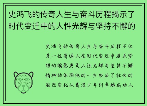 史鸿飞的传奇人生与奋斗历程揭示了时代变迁中的人性光辉与坚持不懈的精神