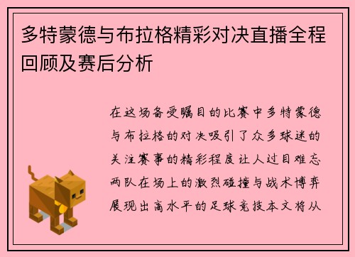 多特蒙德与布拉格精彩对决直播全程回顾及赛后分析