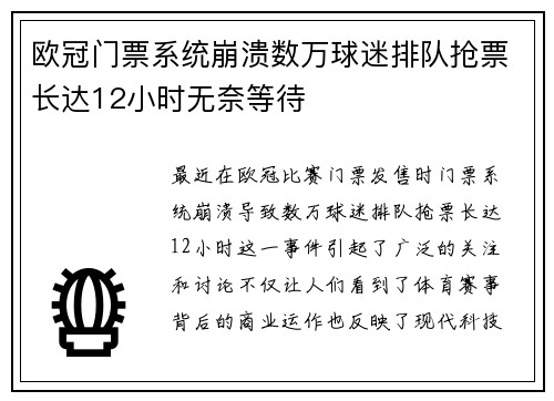 欧冠门票系统崩溃数万球迷排队抢票长达12小时无奈等待