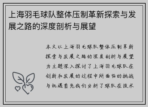 上海羽毛球队整体压制革新探索与发展之路的深度剖析与展望