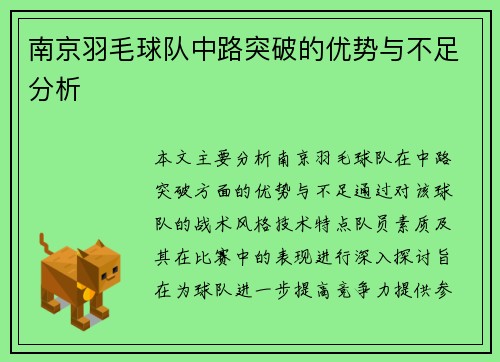 南京羽毛球队中路突破的优势与不足分析